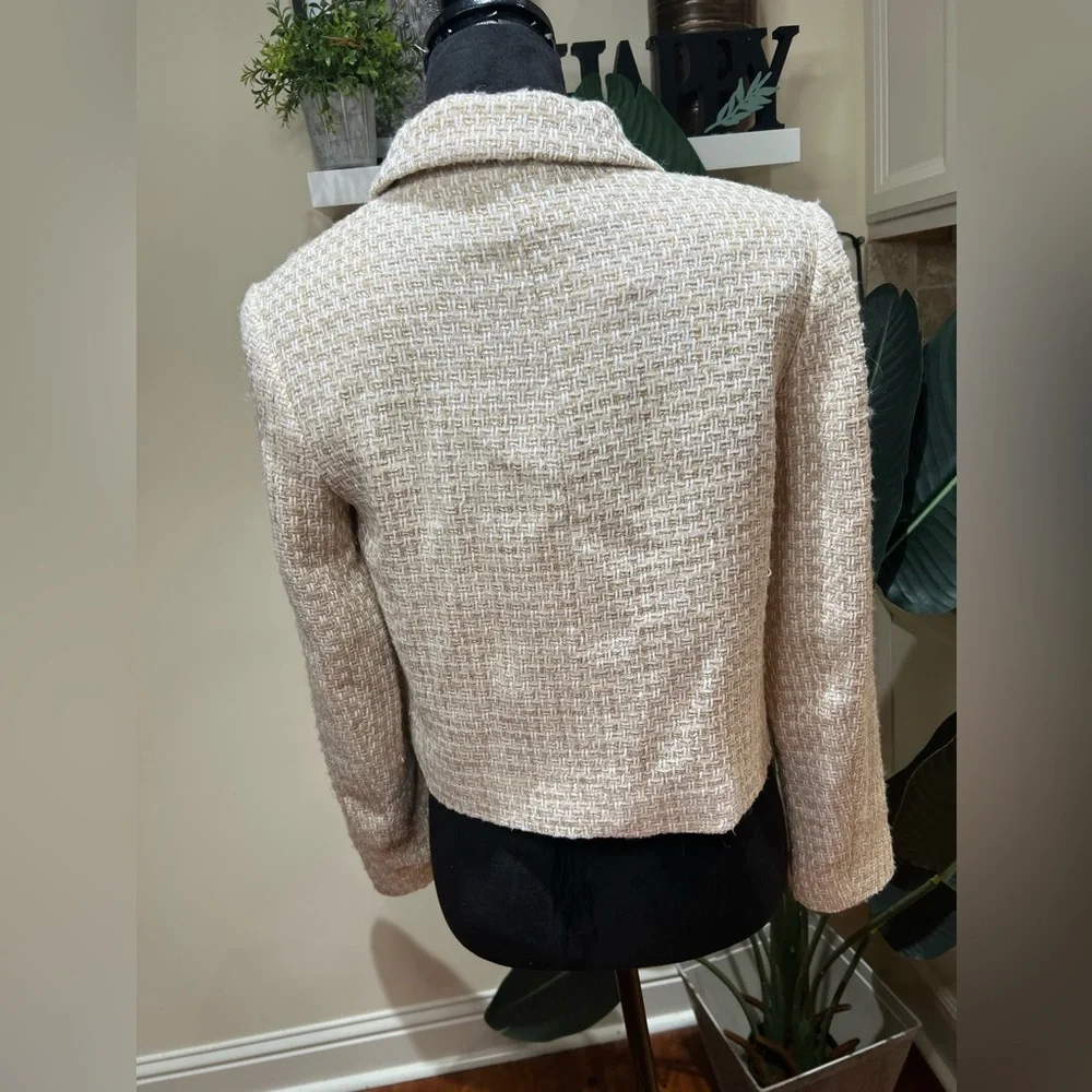 ZARA TWEED STRUCTURED SHORT BLAZER WOOL BLEND LIMITED EDITION -Tan Beige Small